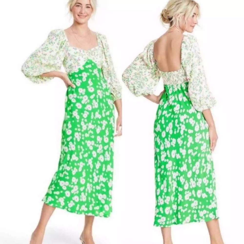 RIXO Green and White Floral Midi Dress